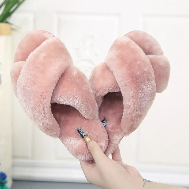Cross open-toe fur slippers in multiple colours showing the patterned non-slip sole and anatomical heel design.