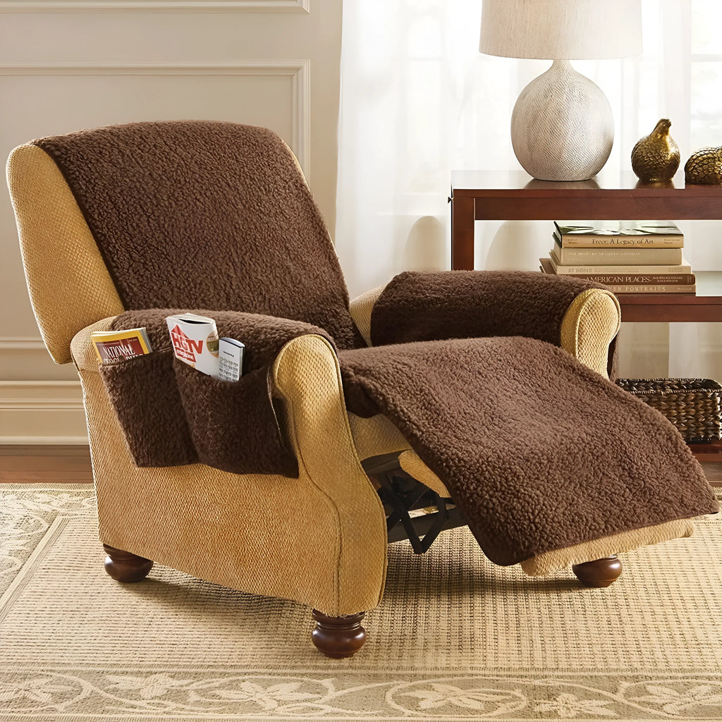 Polyester sofa cushion cover in lambswool beige colour on a sofa.