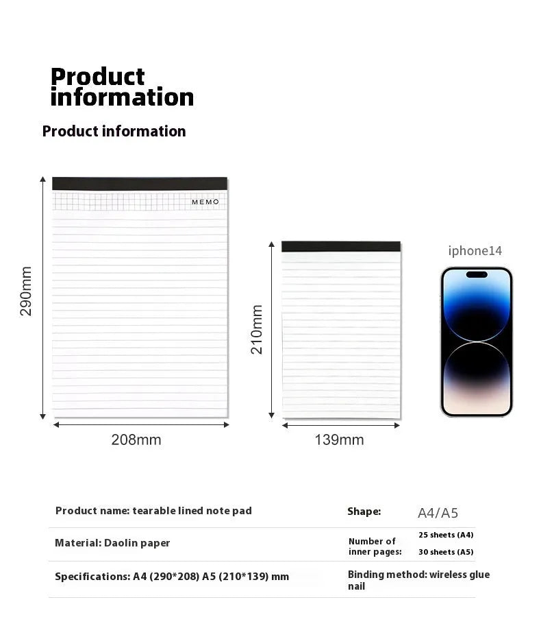 A4 tearable notebook with grid pages and wireless adhesive binding for meeting minutes
