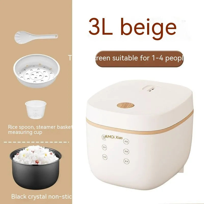 White intelligent multi-function rice cooker with 3L capacity and black inner pot on kitchen counter
