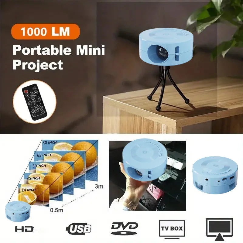 Black portable 1080p wired mobile projector with USB power cable on a surface