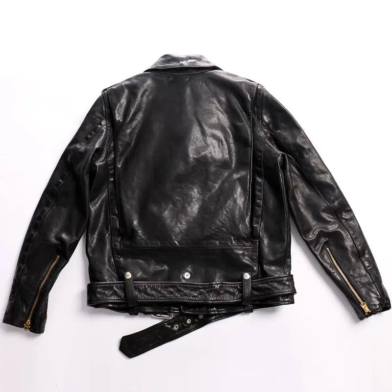Men's black horse leather motorcycle jacket with acetate lining, plain pattern, sizes S to XXL