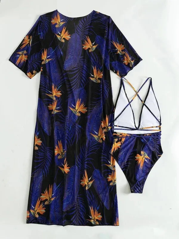 Women's patterned bikini one-piece swimsuit and matching coat set on a mannequin.