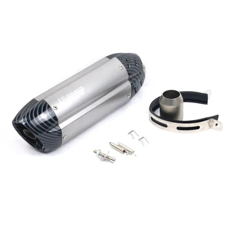 Stainless steel motorcycle exhaust modification kit showing 51mm interface and hexagonal muffler design