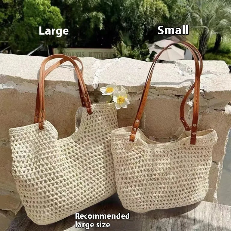 Beige woven cotton linen shoulder bag shown in two sizes with magnetic snap and zipper closure options.