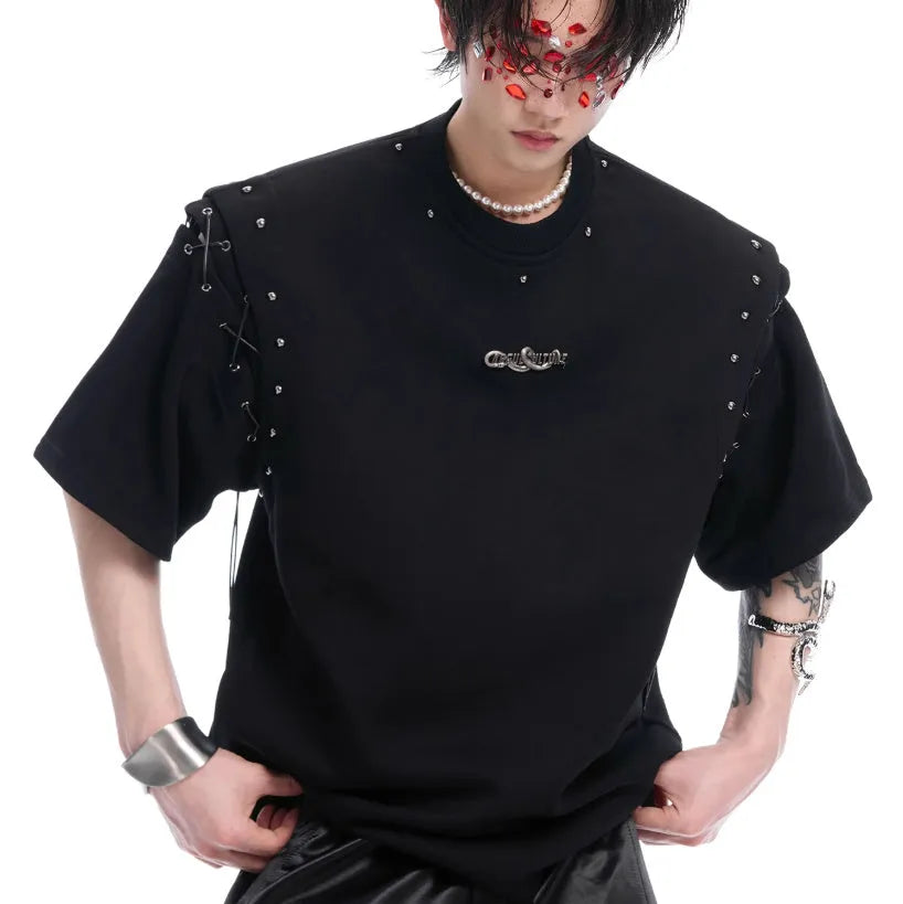 Black short-sleeve T-shirt with white lace-up cutout detail on the side