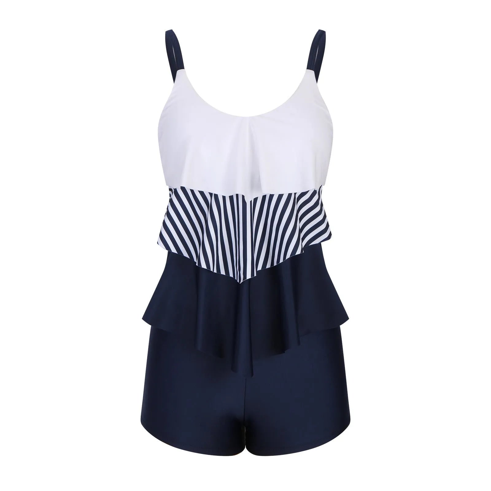 Conservative stripe swimsuit with boyshorts split leg design showing modest swimwear coverage