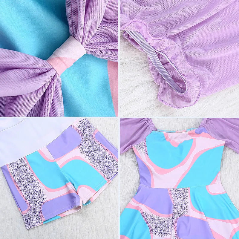 Women's high-waisted floral one-piece swimsuit in light purple or light blue pattern