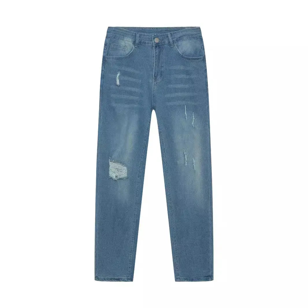 Men's blue denim skinny jeans with medium stretch, cotton fabric, side view on mannequin