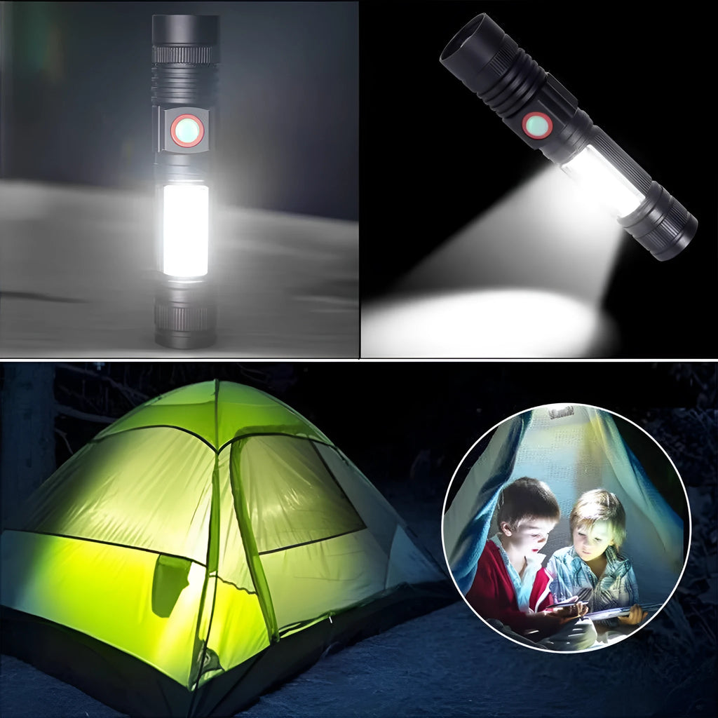 Outdoor mini zoom flashlight with adjustable focal length and black aluminium alloy body on a dark background