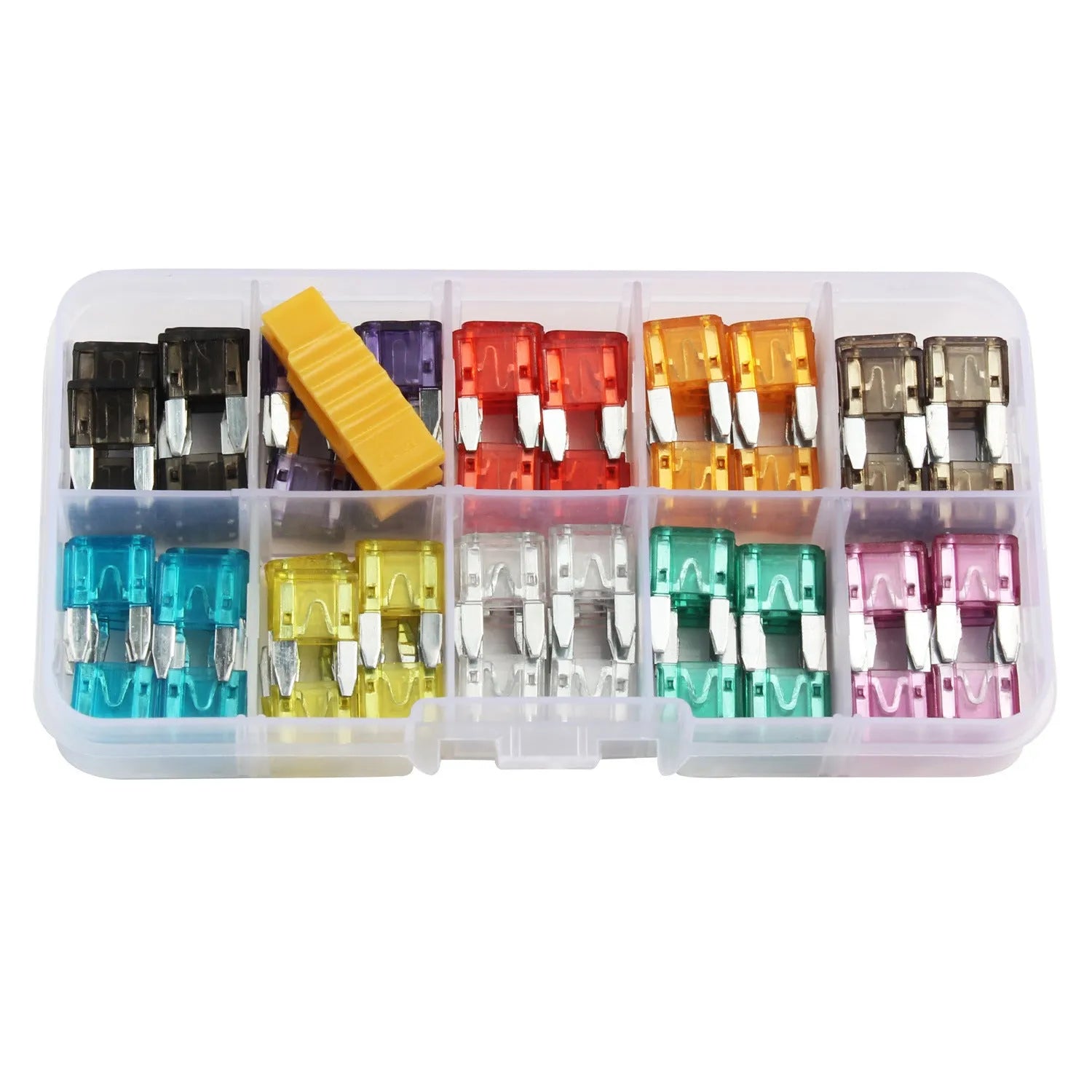 120 small car fuses in assorted colours, blade-style insert type for 24V automotive use