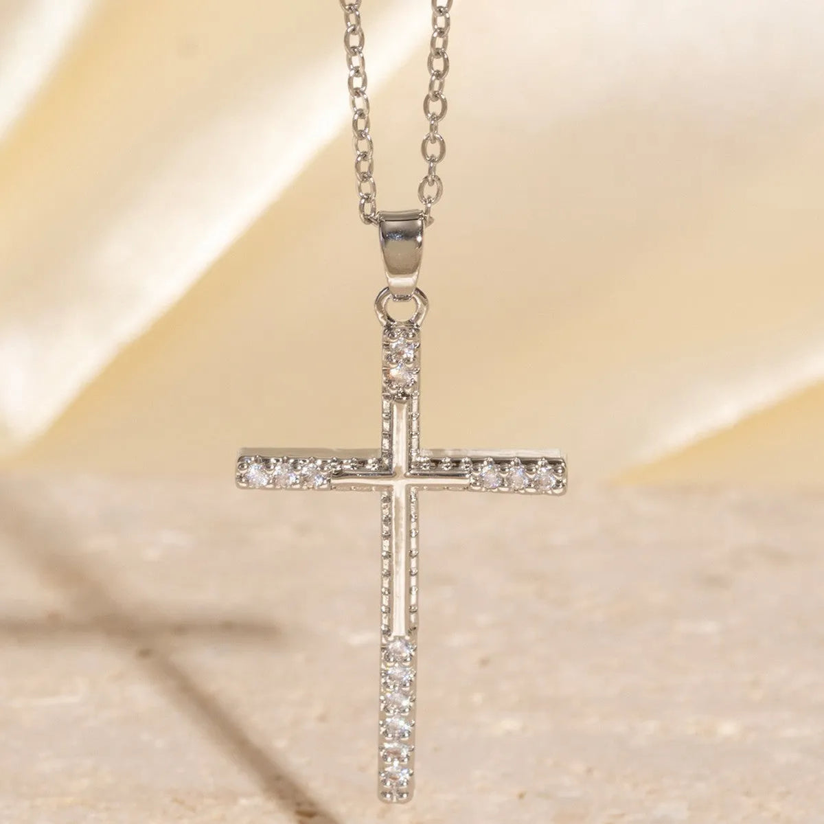 Real gold electroplated cross necklace with micro inlaid zircon on copper pendant and O-ring chain