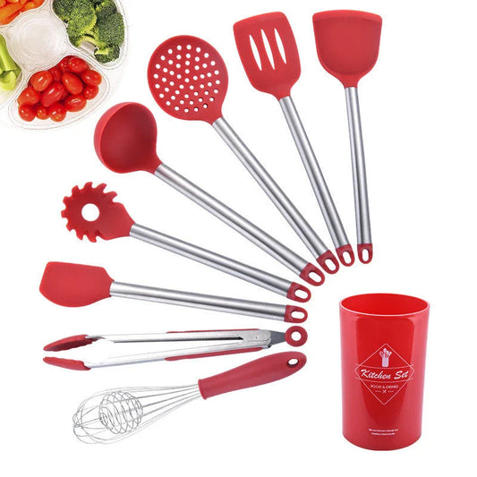 Versatile silicone kitchen utensil set with stainless steel handles, including various cooking and baking tools