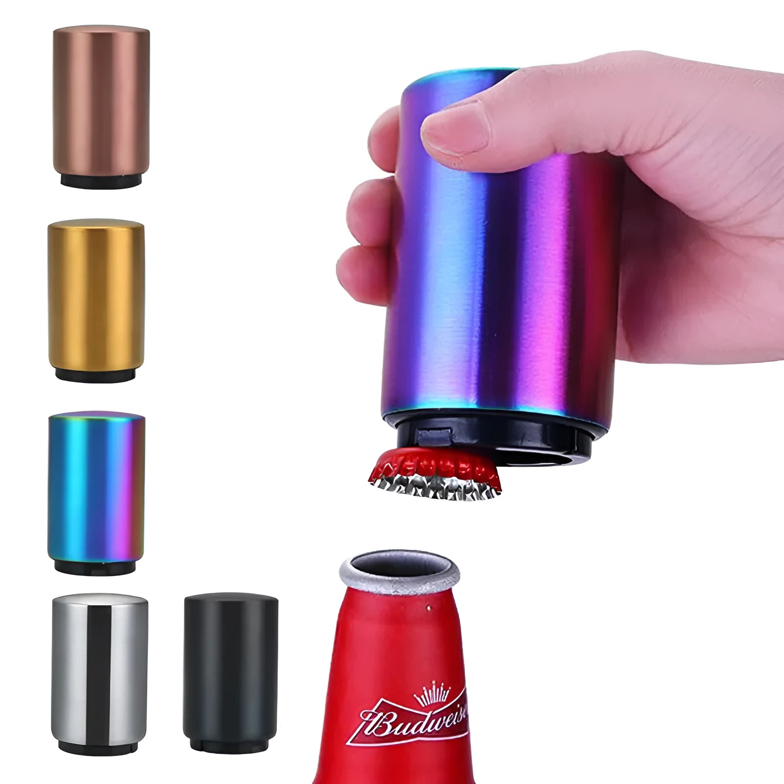Portable magnetic stainless steel bottle opener with brushed metal finish on countertop