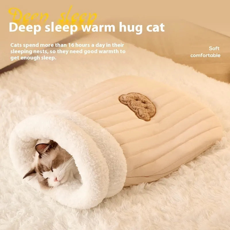 PP cotton fleece pet sleeping bag nest in light brown with bear pattern and 3D entrance