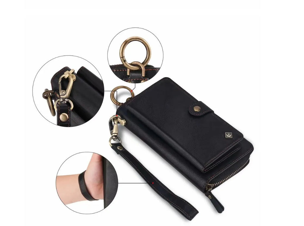 Black imitation leather Samsung Galaxy Note8 phone case with card slots, zipper wallet, and car holder function.