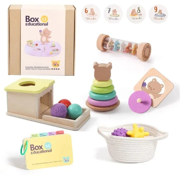 Wooden Montessori rattle set with black and white cards and ball chime in a colour box, ABS baby gift for 0-18 months