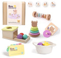 Wooden Montessori rattle set with black and white cards and ball chime in a colour box, ABS baby gift for 0-18 months