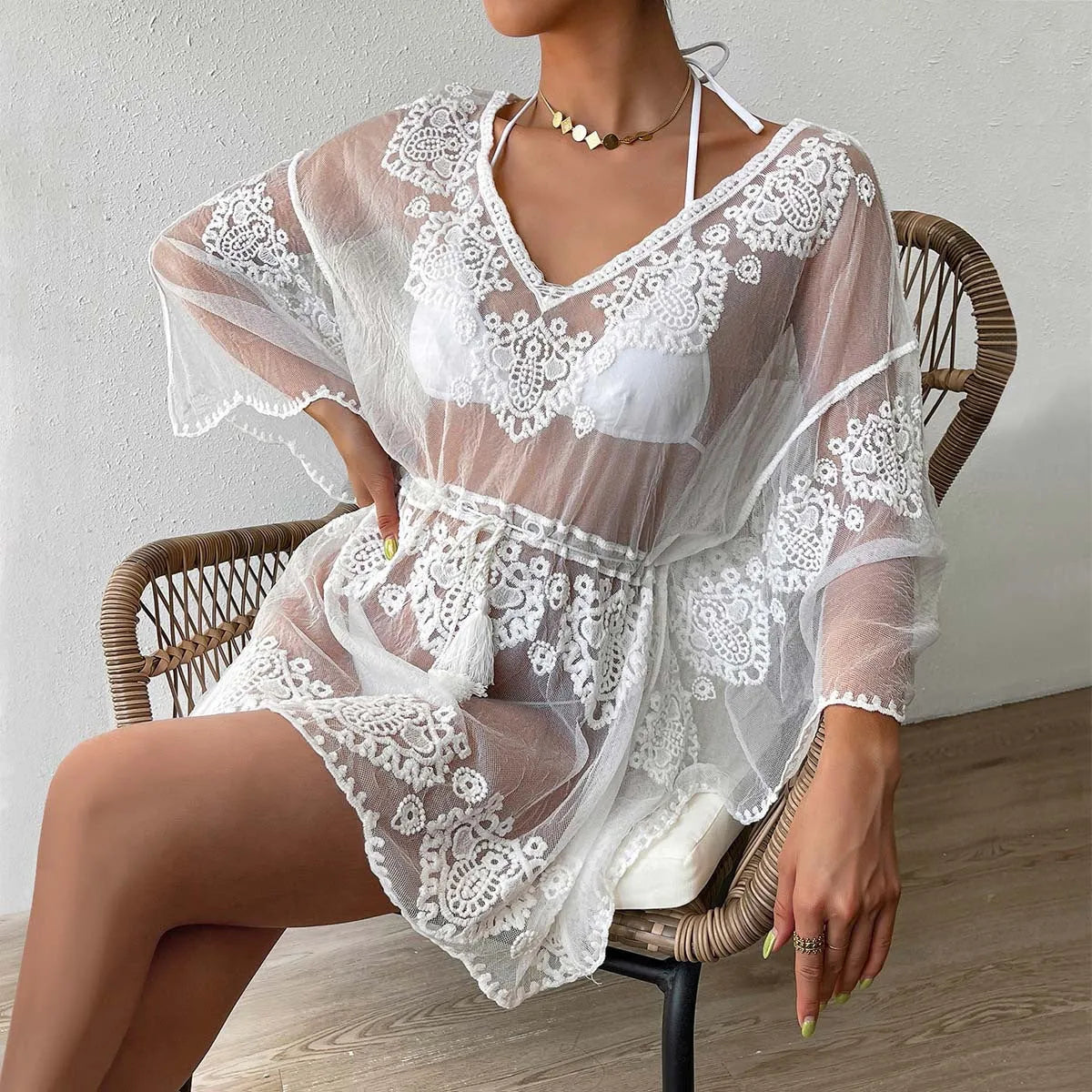White water soluble beach blouse for women with free size fit