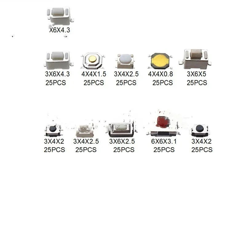 250 SMT tactile push button switches in protective boxed packaging for electronic projects
