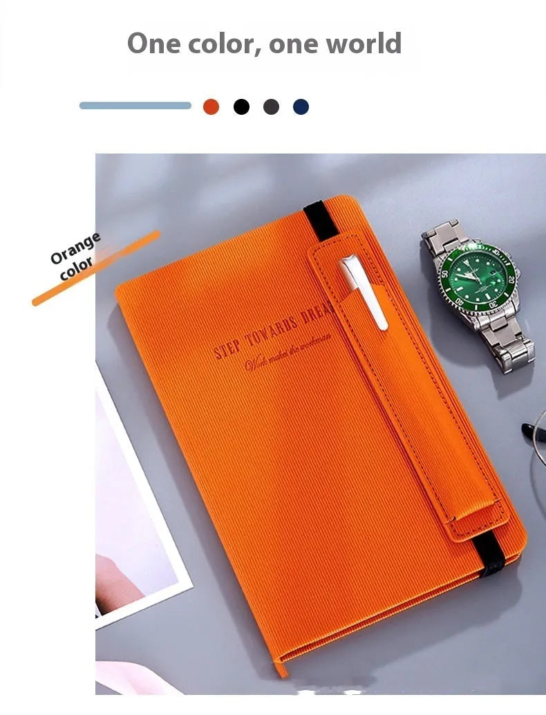 A5 faux leather notebook in blue with strap and pen insert, 200 pages, lying flat