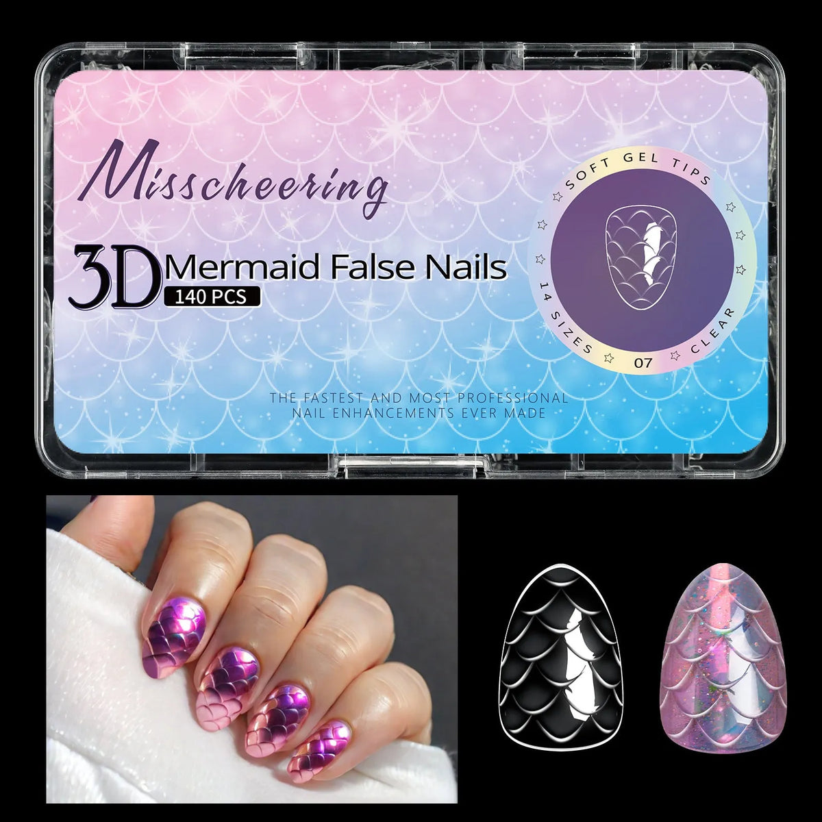 3D scale long shaping nail tips in multiple colour sets for professional nail extensions