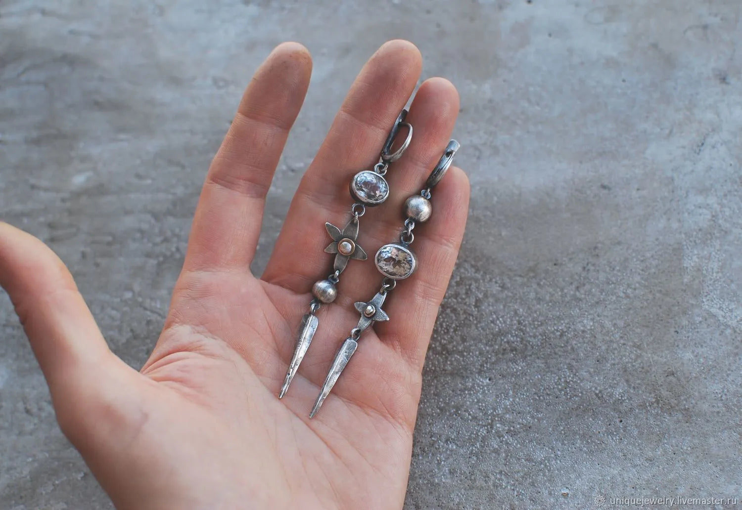 Geometric XINGX pendant earrings in antique silver finish with long drop design