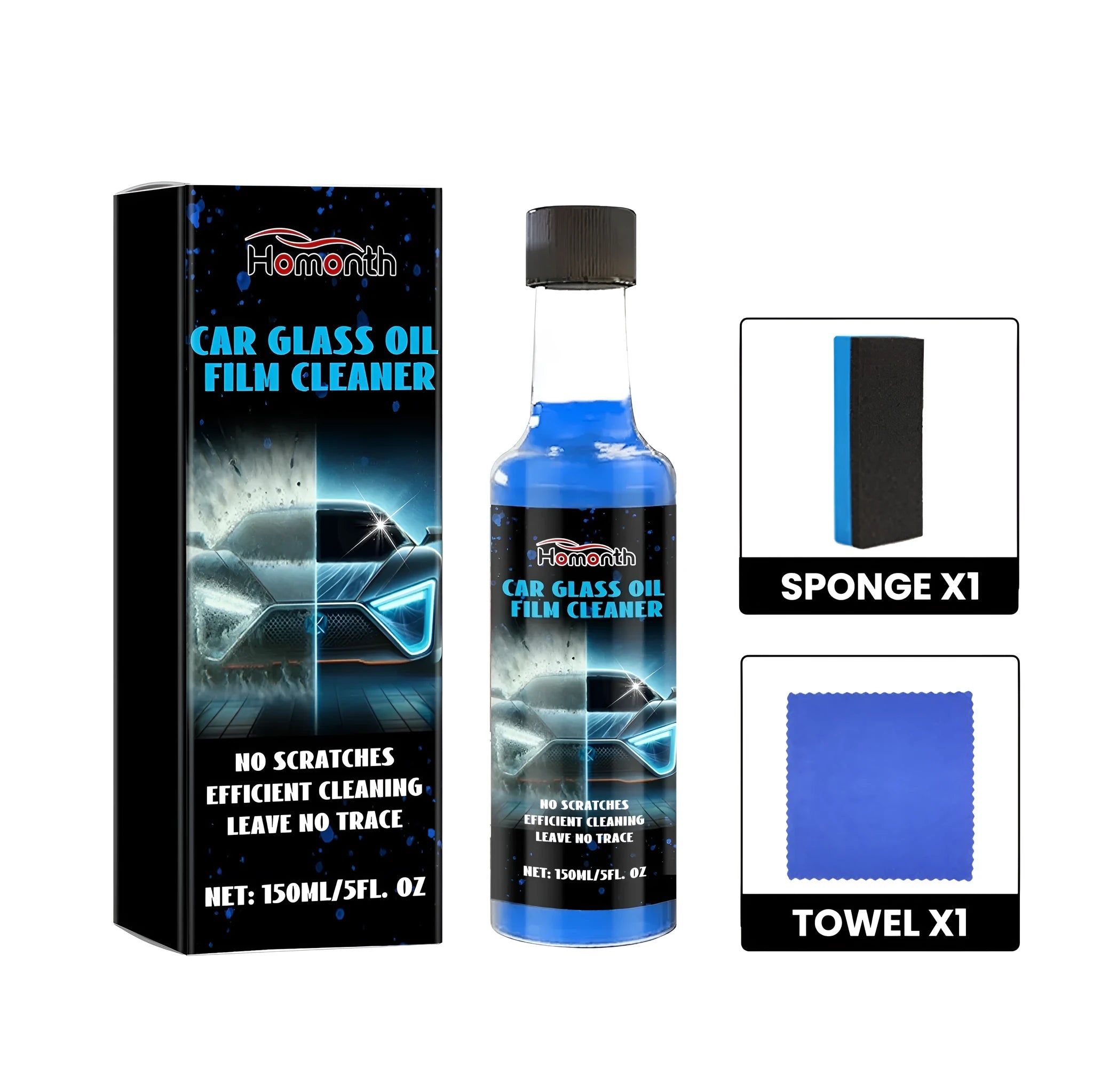 Blue PET bottle automotive glass cleaner kit with 150ml spray, microfibre towel, and sponge