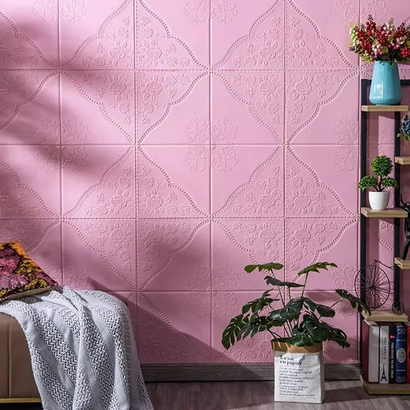 Light blue 3D plants and flowers pattern on a square 70cm x 70cm self-adhesive XPE foam wall sticker.