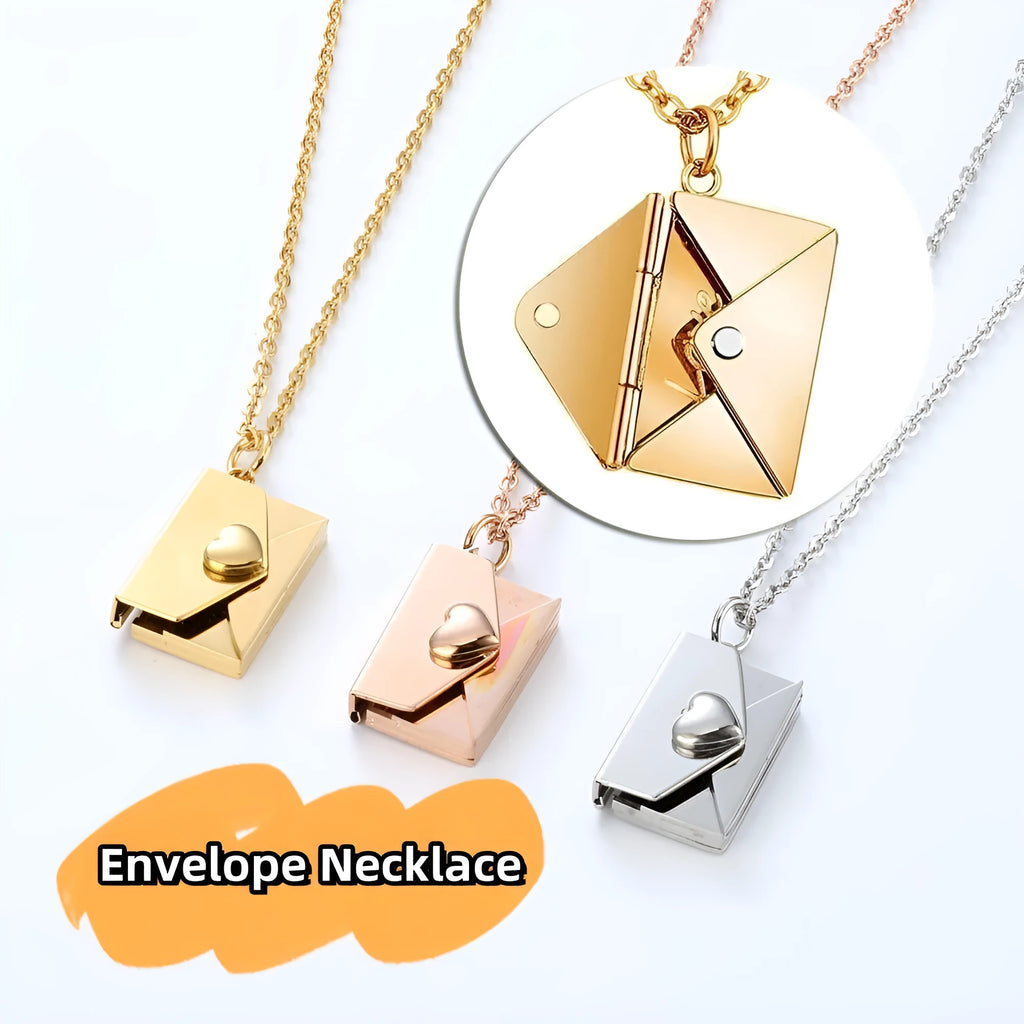Titanium steel envelope pendant necklace with hidden compartment and O-ring chain