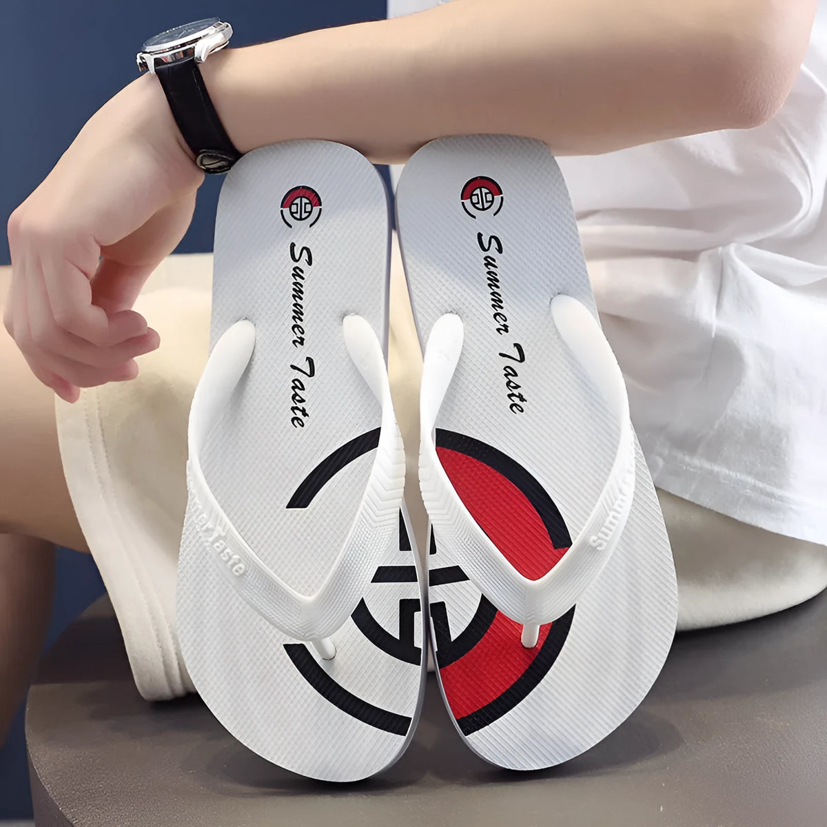 PVC summer flip-flops in White, Royal Blue, Black, and Red, sizes XS to L for 38-45 feet