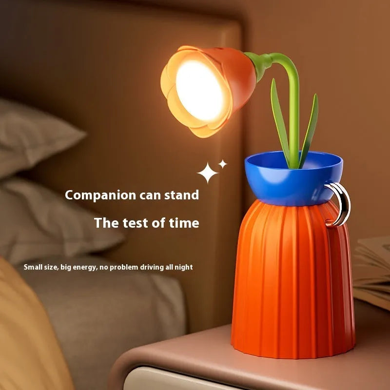 Pink rose flower USB LED lamp with vase, 30cm tall, emitting warm white light