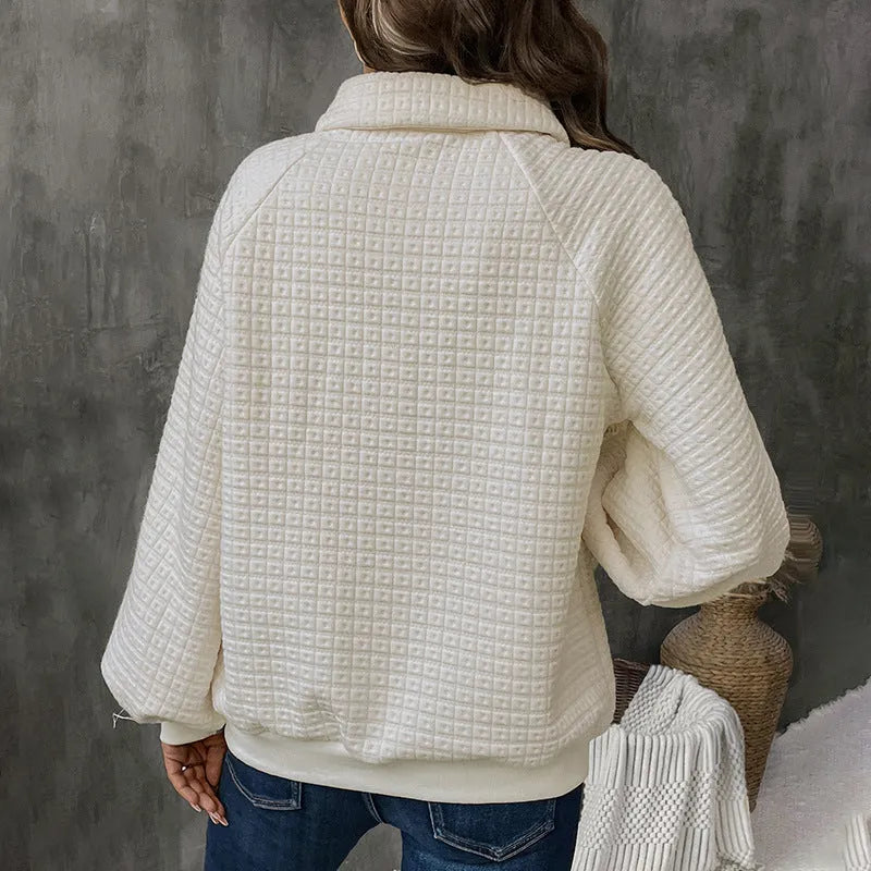 Women's milky white polo collar polyester sweater with long sleeves
