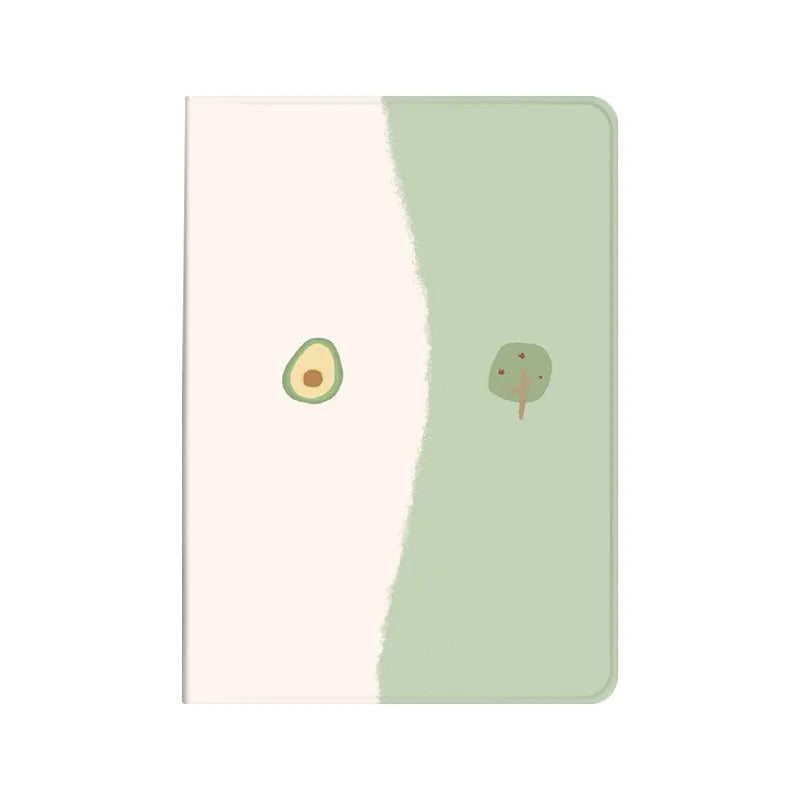 Literary avocado cartoon silicone protective case for Apple iPad, book style with pen slot, fits multiple iPad models