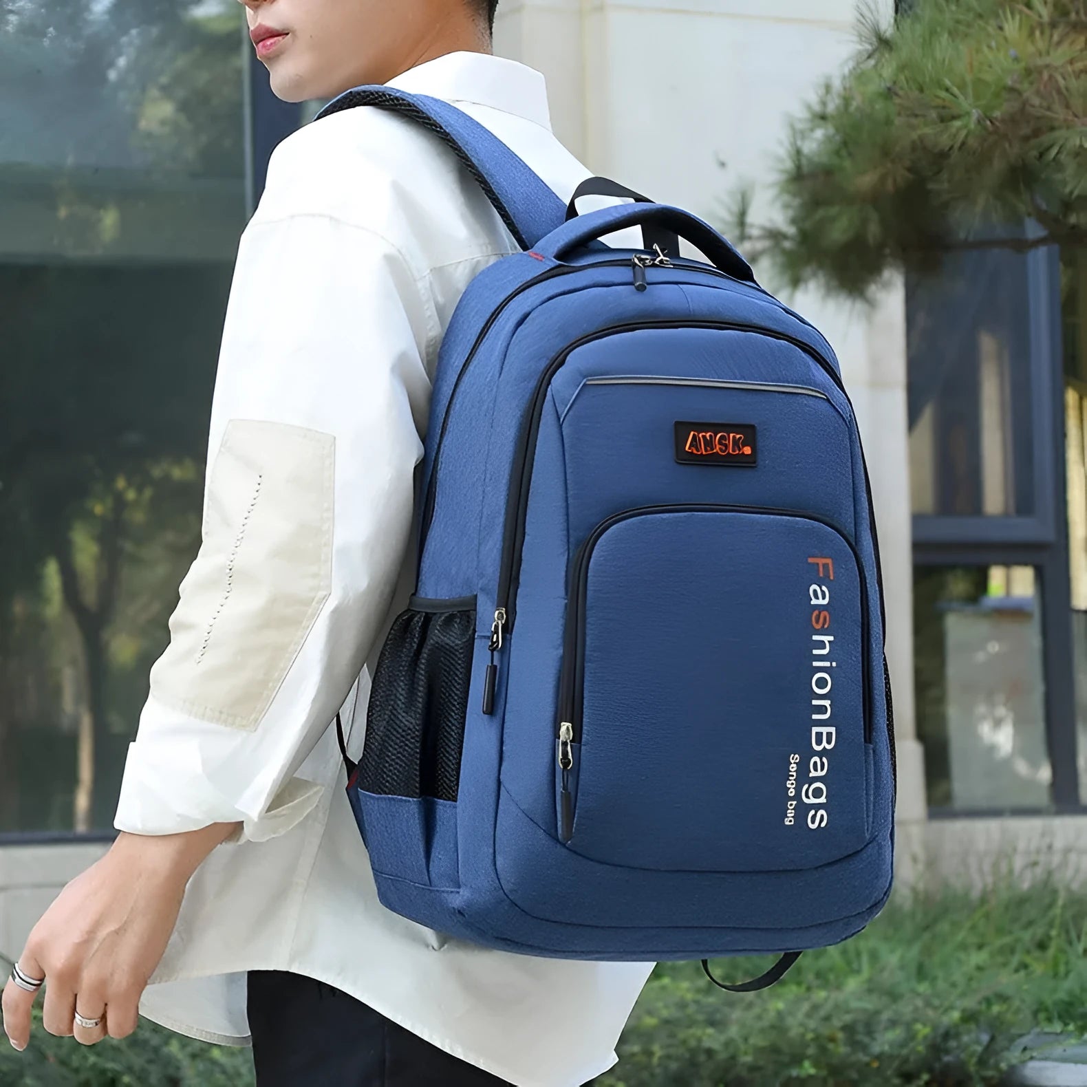 Street-style nylon backpack in light grey showing internal laptop compartment and organised pockets.