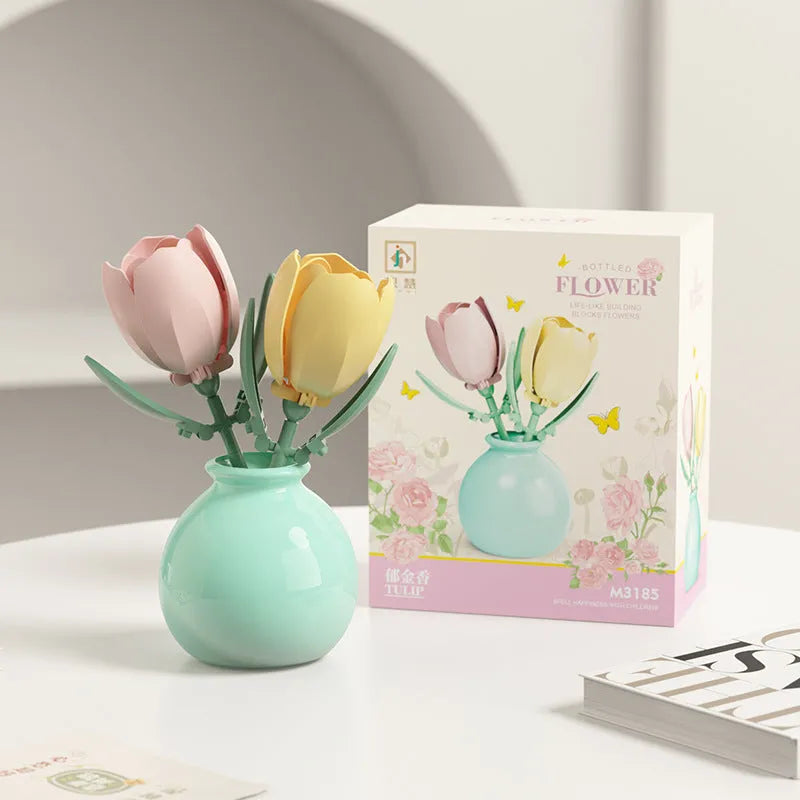 Building block flower vase ornament set with small diamond plastic particles in colour box package
