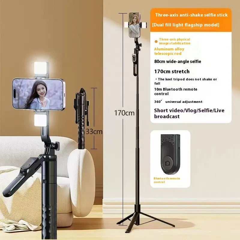 Mobile phone Bluetooth selfie stick stabilizer floor stand with gold aluminium tube and remote control at 1.75m height