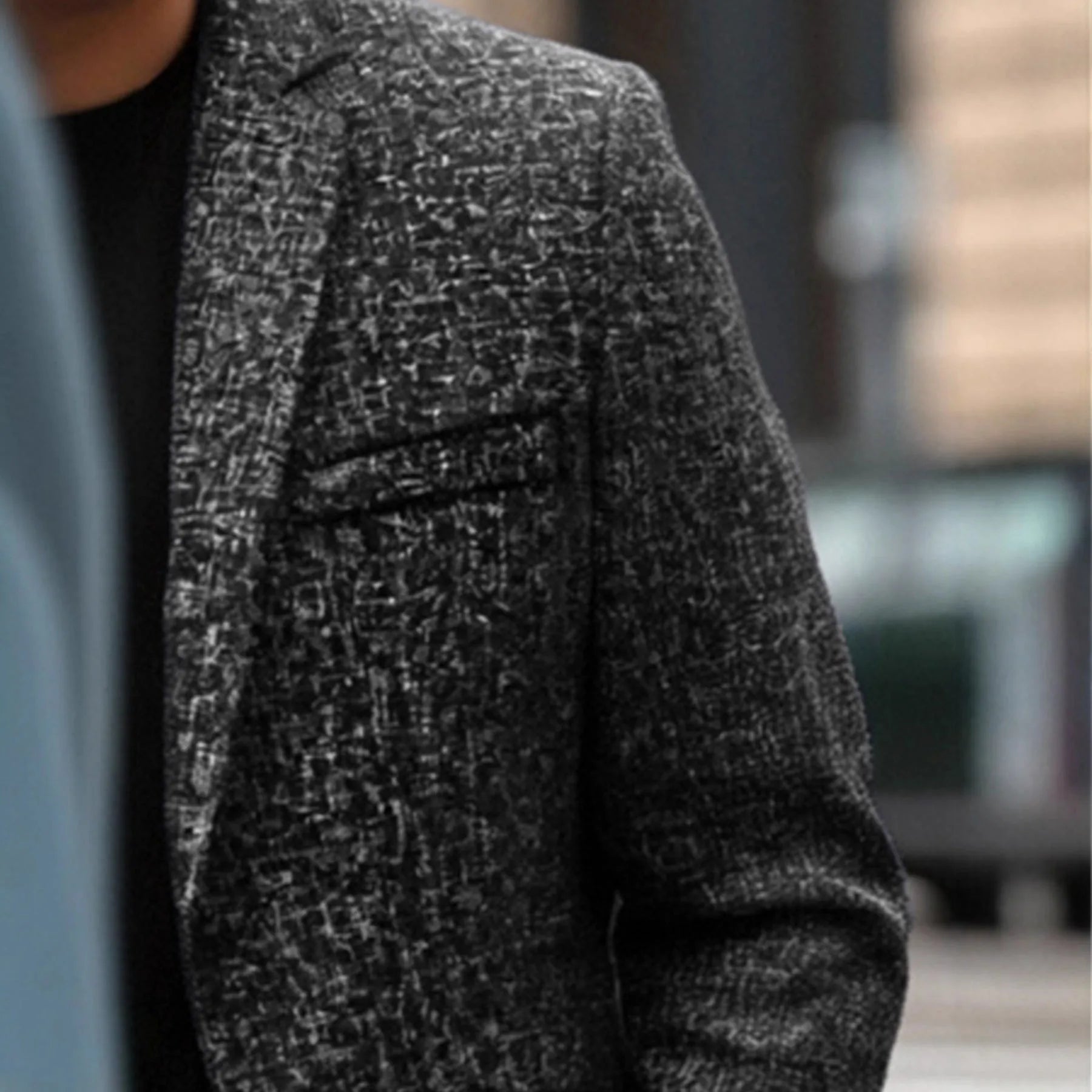 Men's single-breasted slim fit leisure suit jacket in navy blue, polyester, with patch pockets