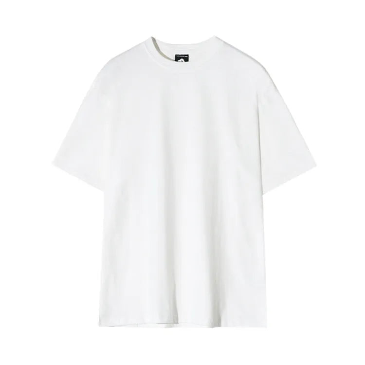 Men's slim fit plain cotton t-shirt in white on a hanger, showing round neck and half sleeve design.