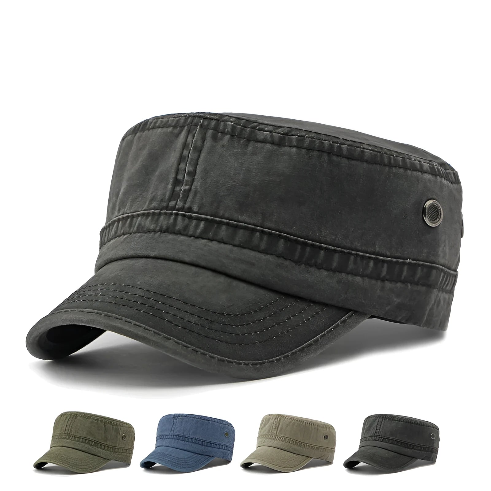 Military flat top cap in cotton fabric with adjustable sizing in four colour options