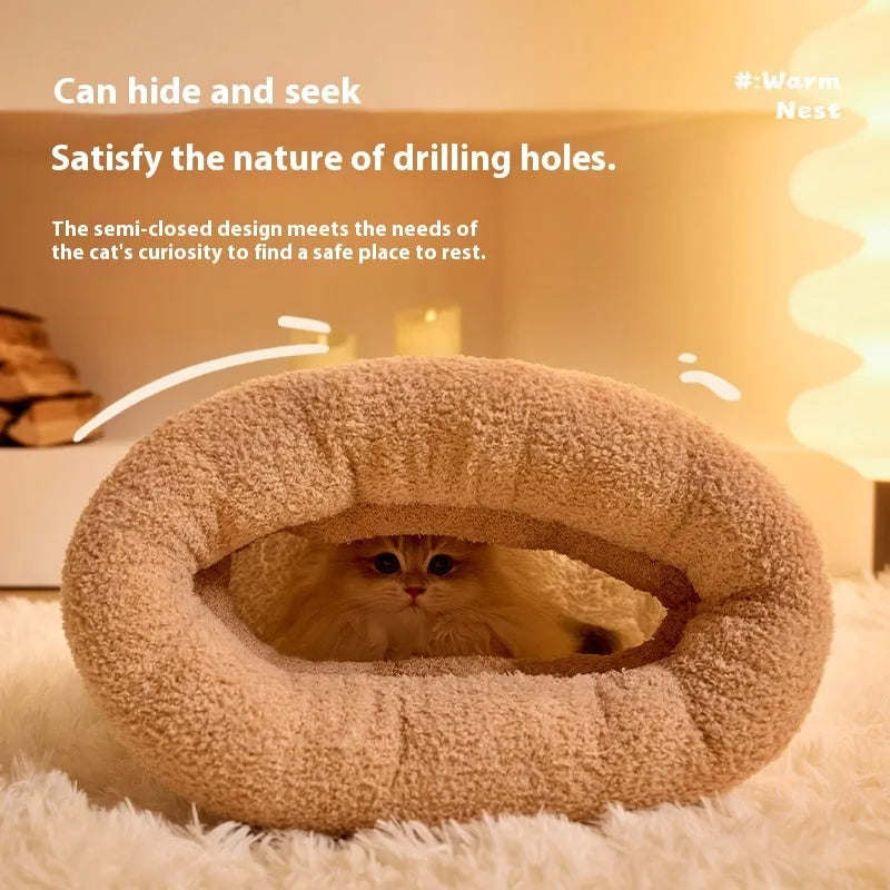 Brown semi-enclosed pet sleeping bag with plush interior for cats and dogs
