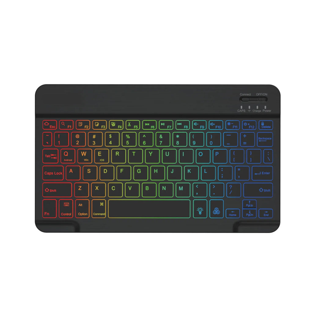 10-inch wireless Bluetooth keyboard with colourful backlighting on a desk next to a tablet.