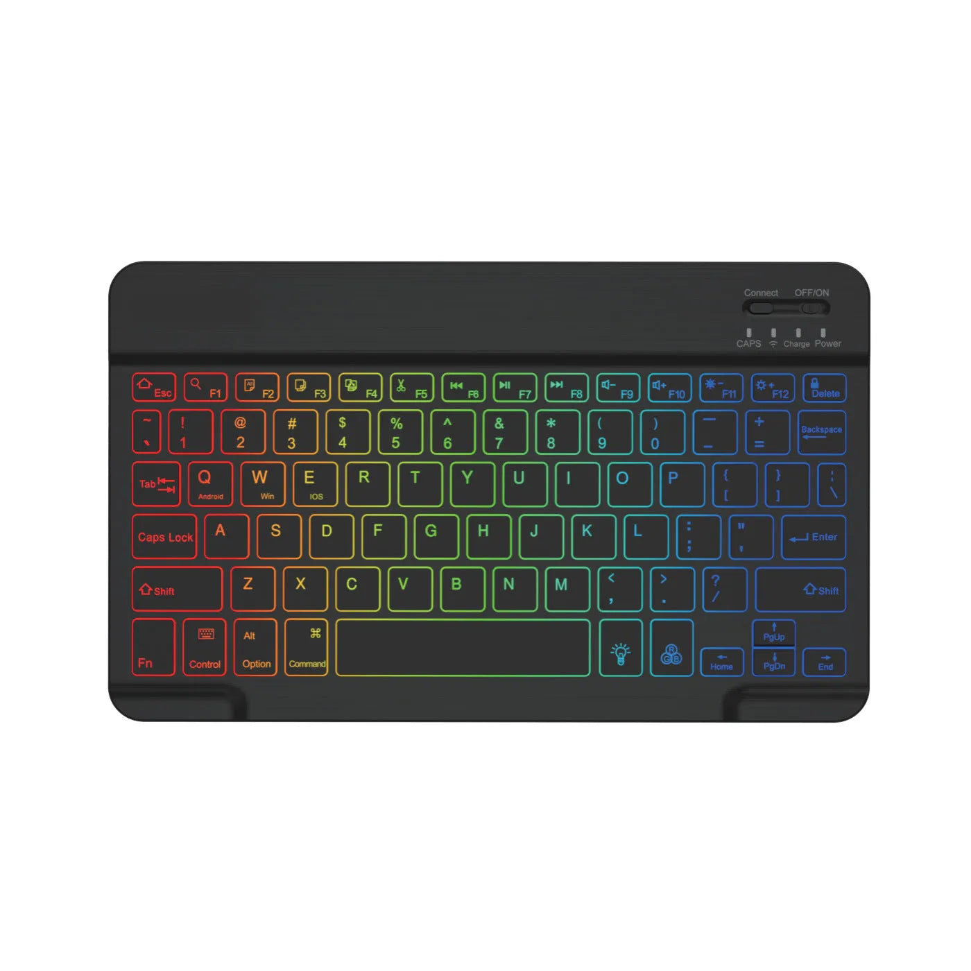 10-inch wireless Bluetooth keyboard with colourful backlighting on a desk next to a tablet.