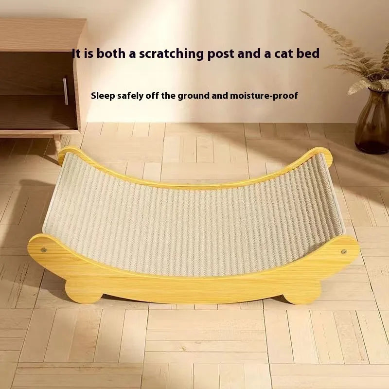 A pastoral-style sisal cat scratch board shown in two available sizes on a wooden floor.