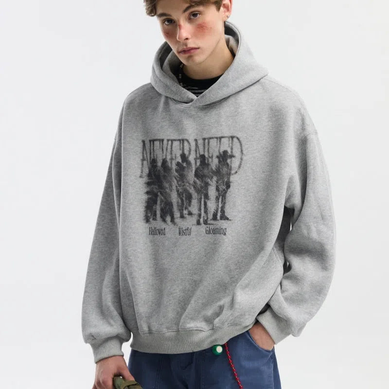 Men's blurred portrait print cotton hooded sweatshirt in loose fit pullover style, black colour