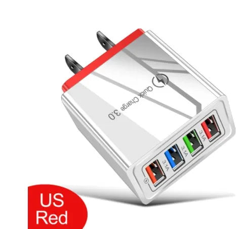 Four-port USB wall charger with luminous light, shown in dark blue colour with EU plug.