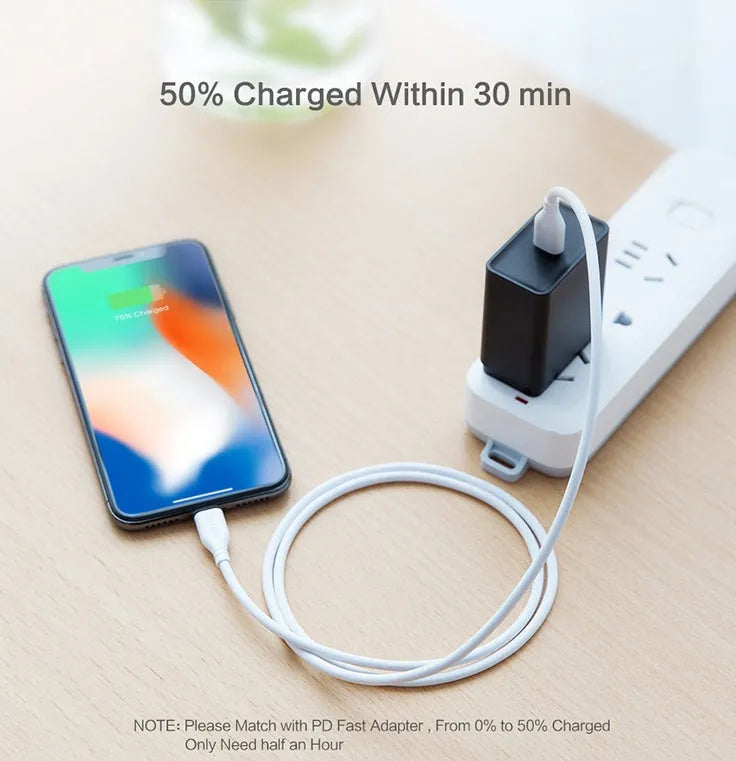 White braided USB-C to Lightning charging cable measuring 1 metre length for iPhone devices
