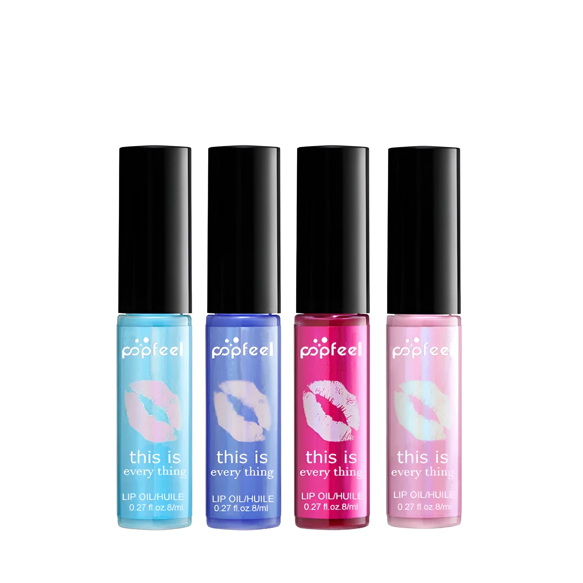 Transparent lip gloss in four shades Light Blue Navy Blue Pink Rose Red with multivitamins