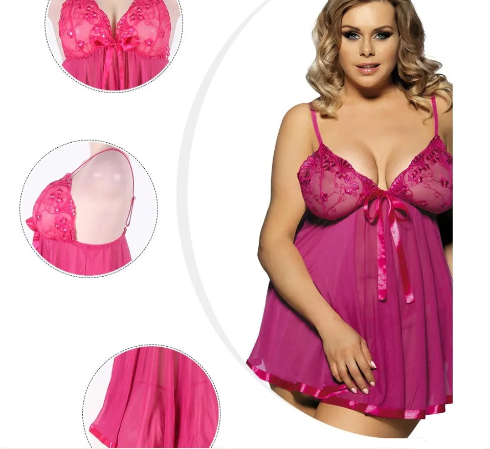 Purple mesh and lace plus size sleepdress for women with seamless construction