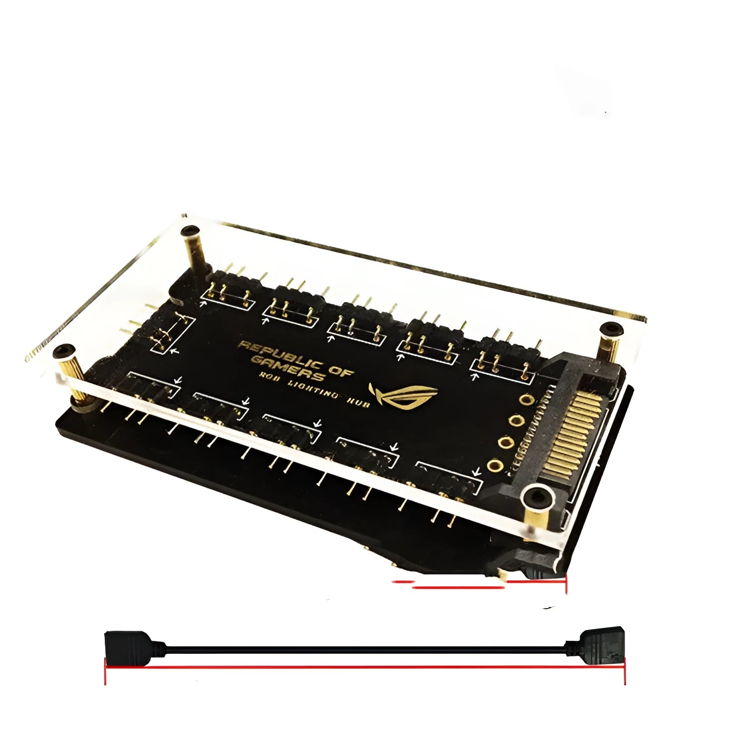 Black AURA RGB One Point Ten hub with SATA power cable and 10 output ports for PC lighting control.